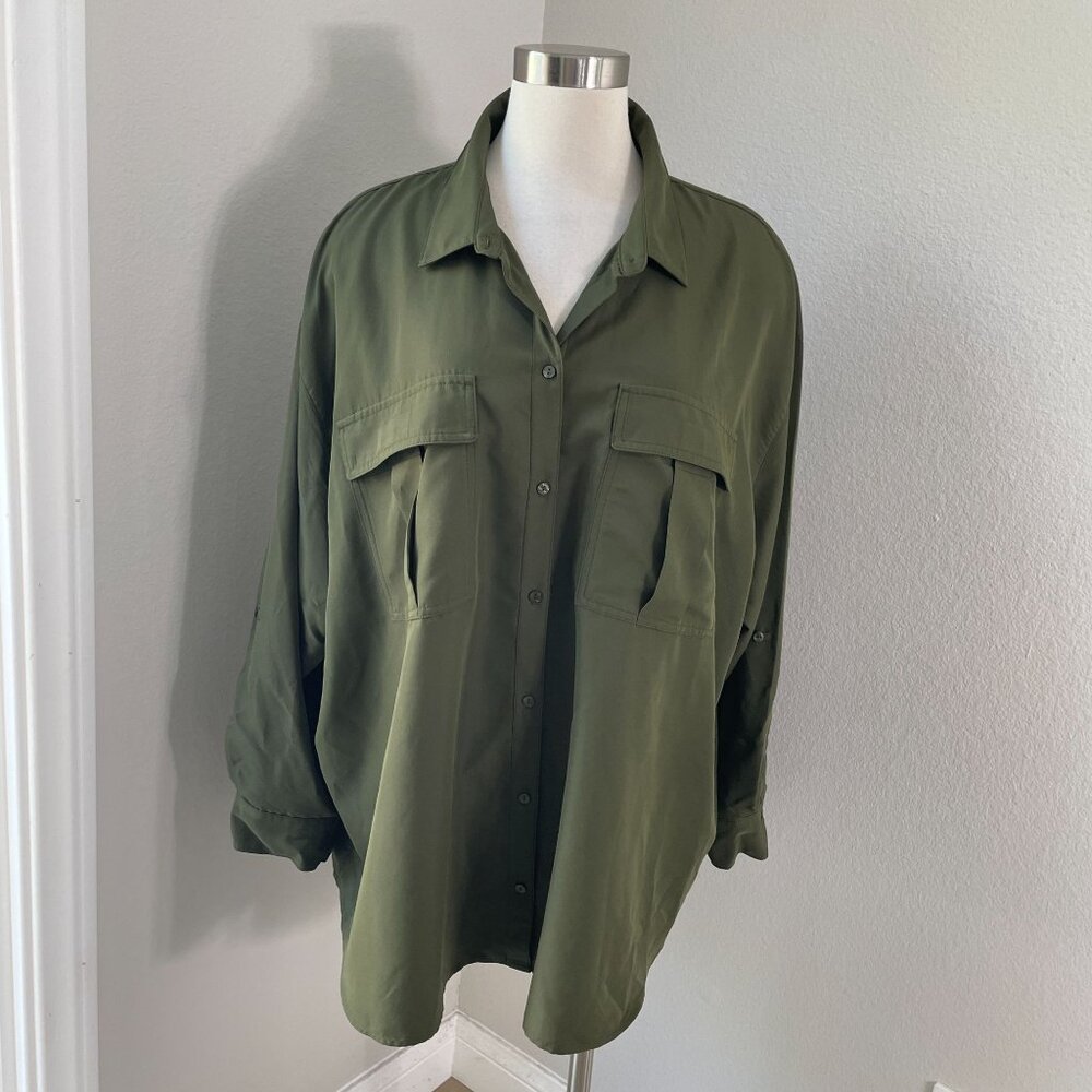 Old‎ Navy Womens Plus 3X Olive Green Button Up Shirt Roll Tab Sleeve Blouse Top
